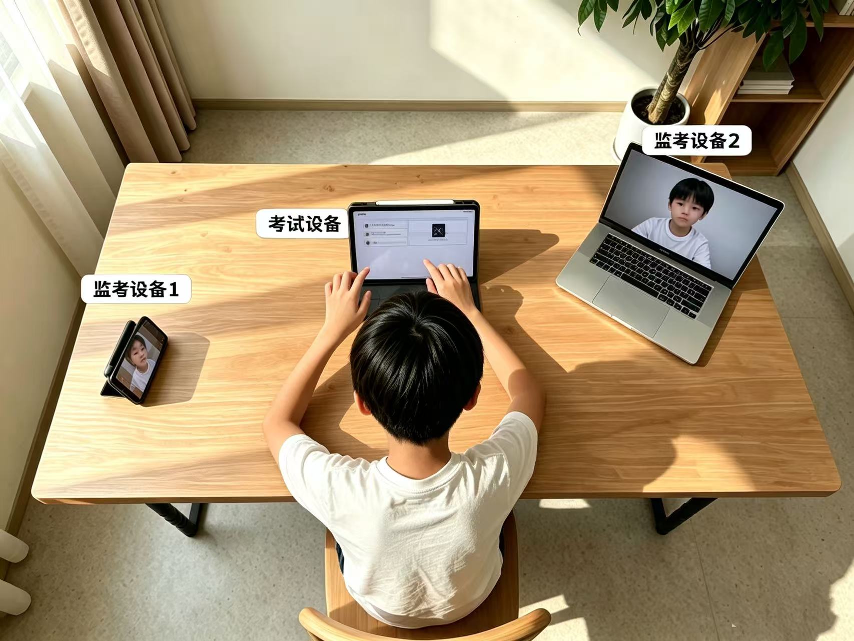 设备摆放示意：考试设备在考生正前方，两台监考设备分别置于正侧方和斜前方。